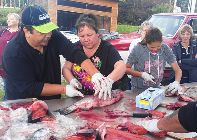 Luther "Jay" Mills Jr teaching a salmon filleting class during a traditional foods workshop in Suquamish.